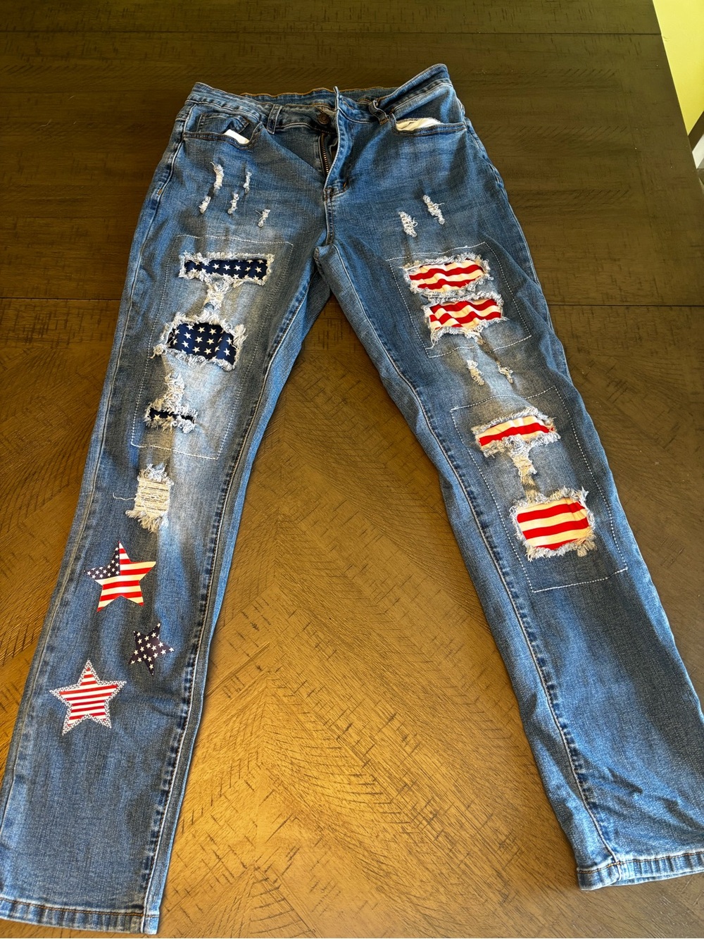 Womens Distressed skinny Blue Jeans with American Flag Patchwork